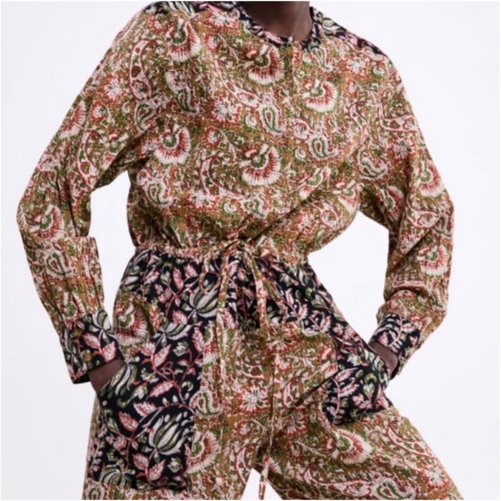 Zara Jumpsuit Medium Kantha India Cottage Floral Block Print Blogger Fav - Picture 6 of 16